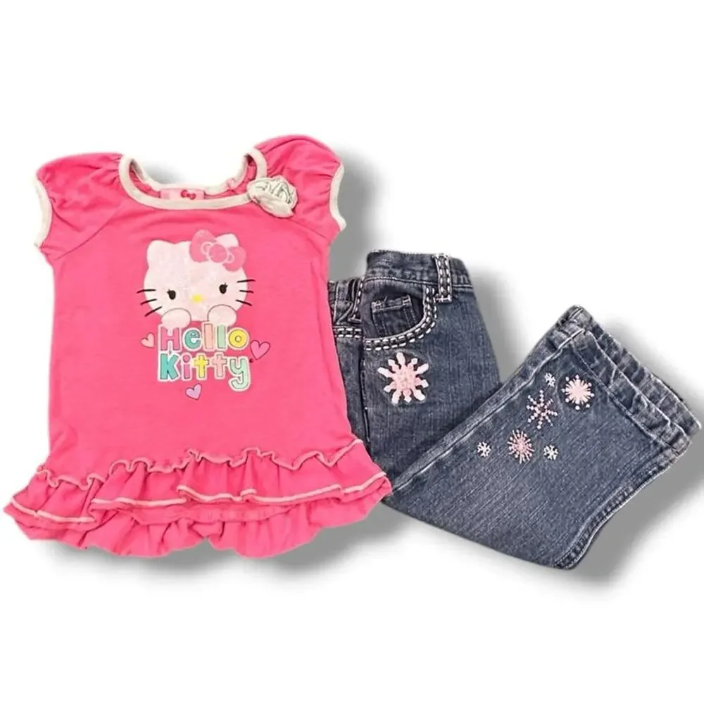 Toddler 18M Lot of 2 Hello kitty pink top with Embroidered Jeans y2K